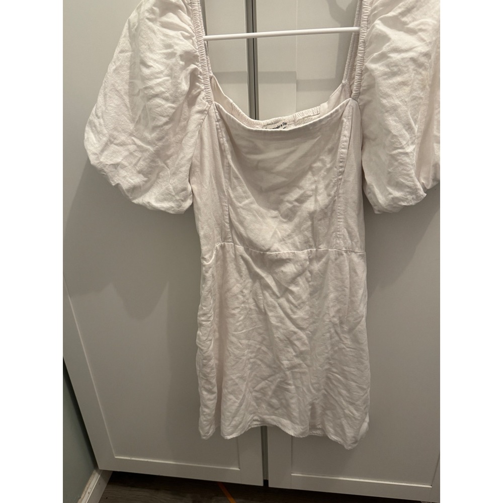 Abercrombie & Fitch White Puff Sleeve Smocked Back Linen Blend Mini Dress Medium